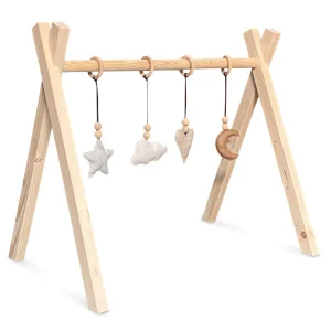 Tipi houten babygym | Massief houten speelboog tipi vorm met naturel hangers - blank